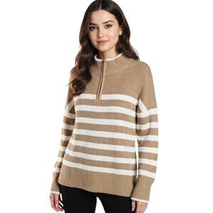 Lands' End Cable Knit Sweater Women's Size XL Tan Cream Stripe 1/4 Zip Pullover